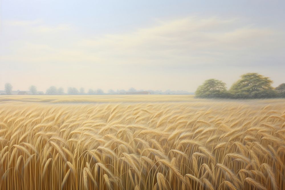 Painting of golden field agriculture landscape outdoors.