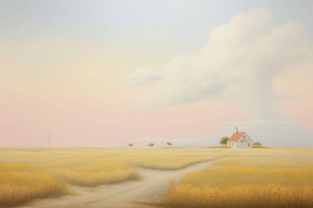 Painting of golden field landscape outdoors horizon.