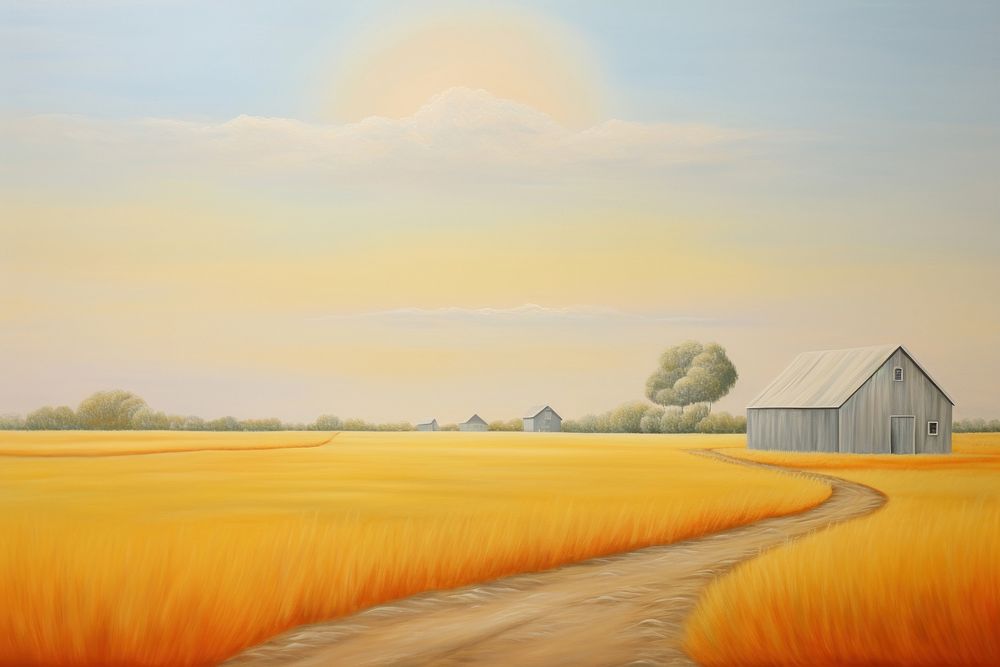 Painting of golden field farm architecture landscape.