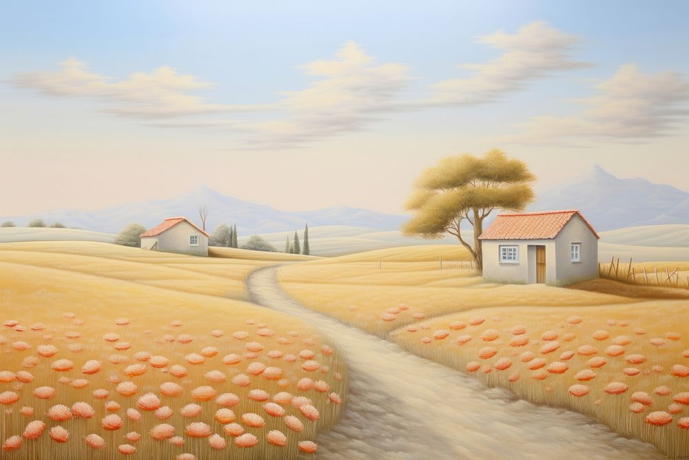 Painting of golden field architecture landscape outdoors.