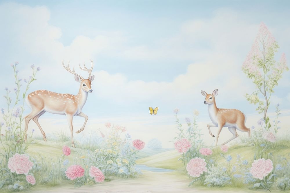 Painting of deer border animal mammal landscape.