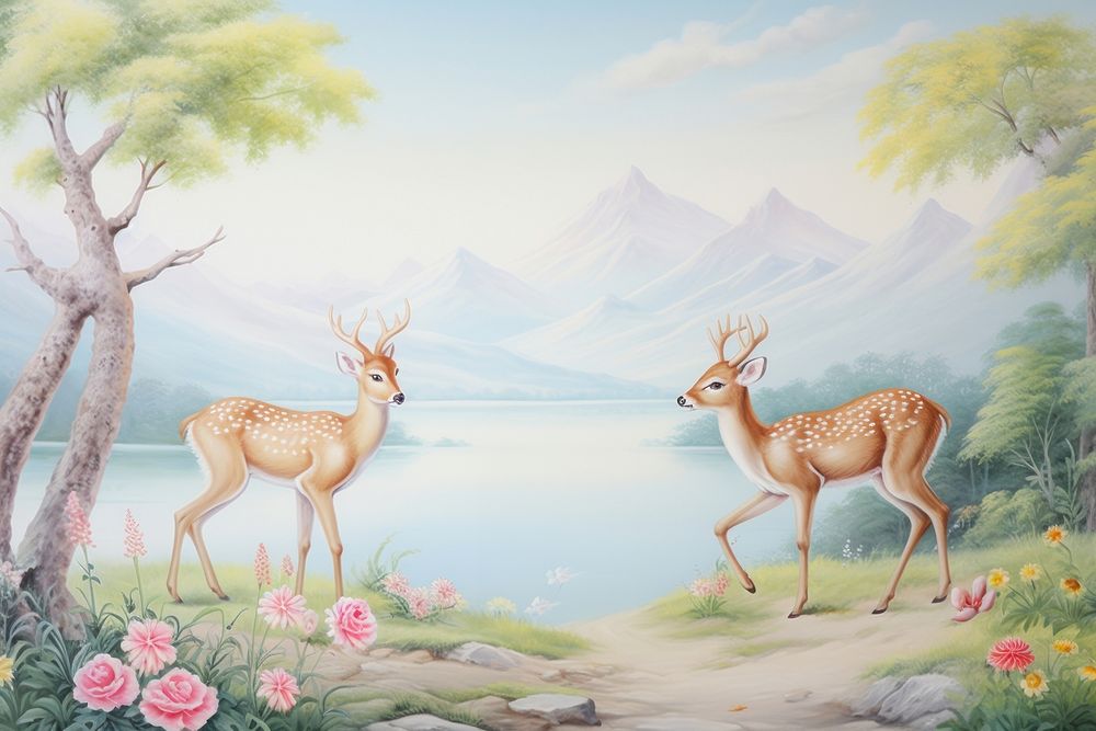 Painting of forest deer border animal mammal representation.