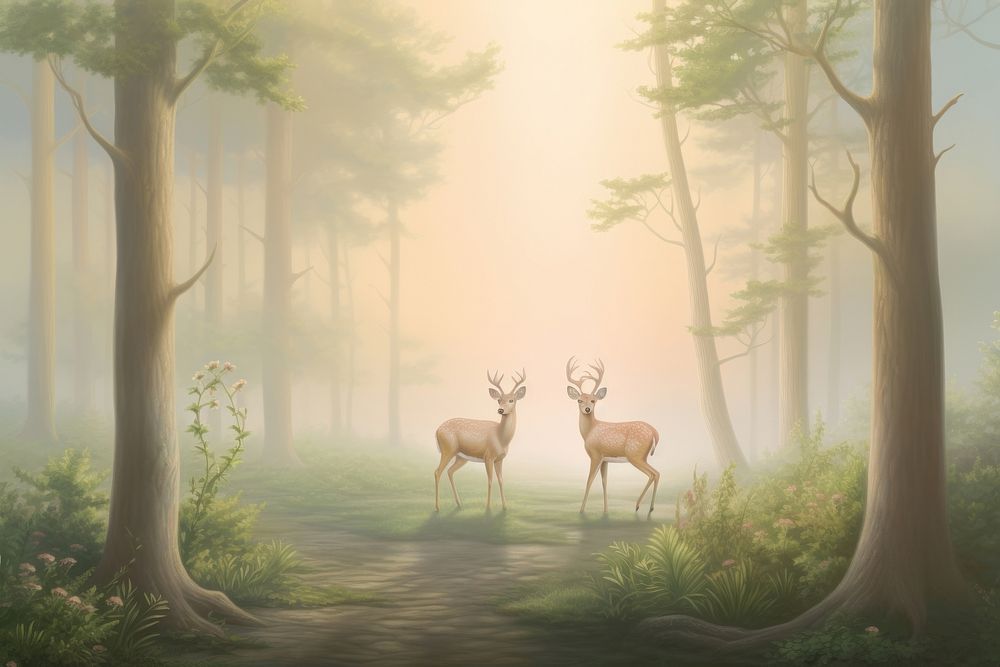 Painting of forest deer border wildlife outdoors woodland.