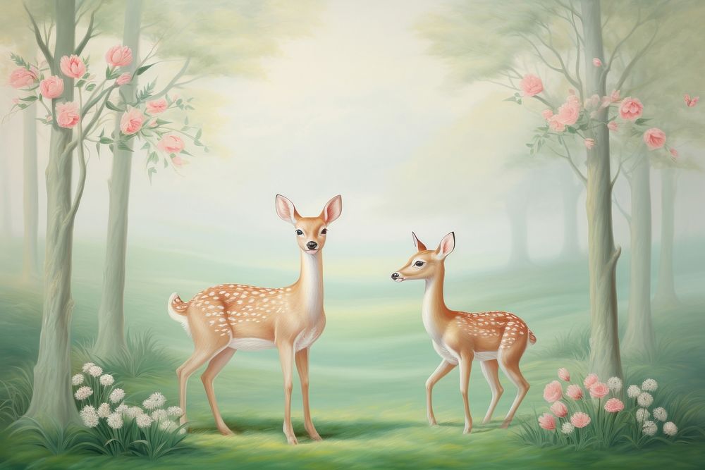 Painting of forest deer border wildlife animal mammal.