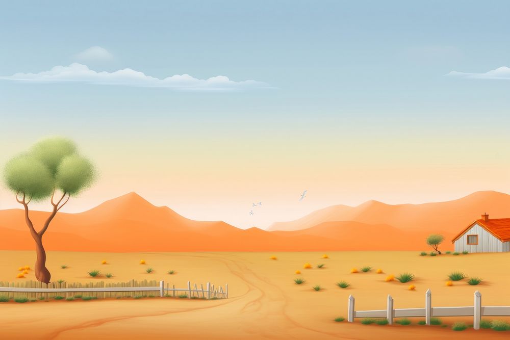 Painting of farm border landscape outdoors desert.