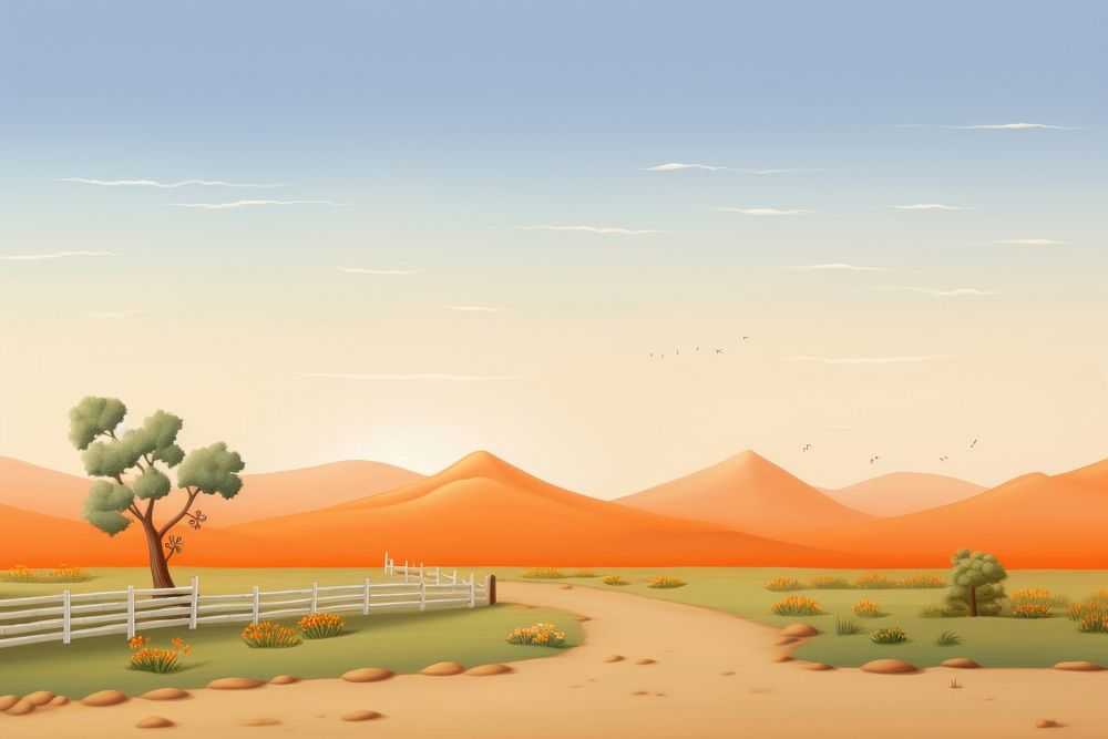 Painting of farm border landscape grassland outdoors.