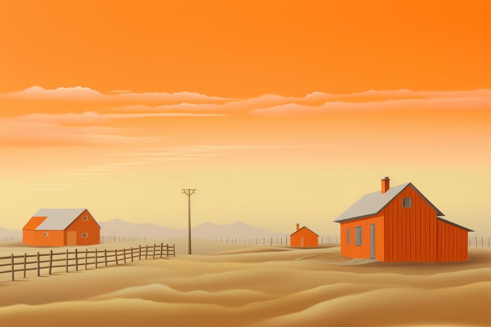 Painting of farm border architecture building outdoors.