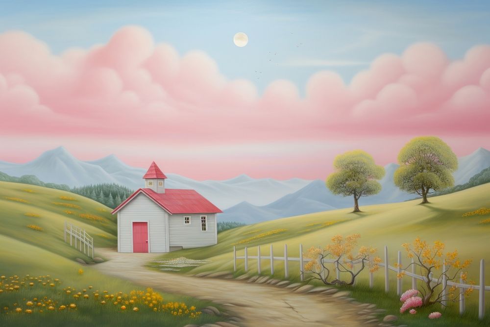 Painting of Farm on hill border architecture landscape outdoors.