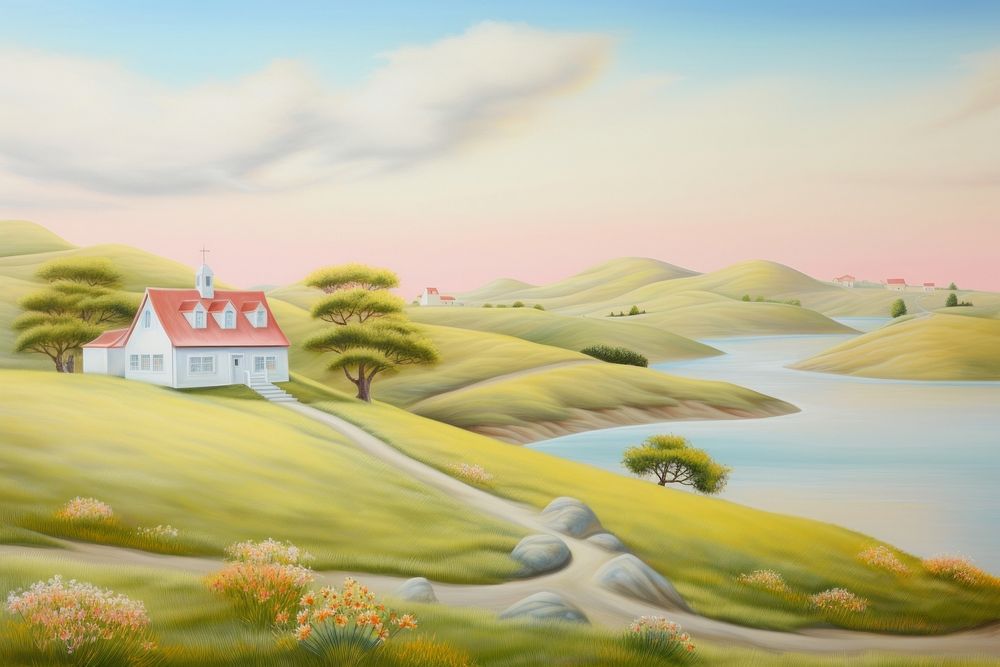 Painting of Farm on hill border architecture landscape outdoors.