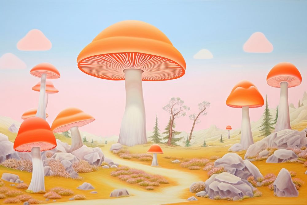 Painting of mushroom border fungus plant tranquility.