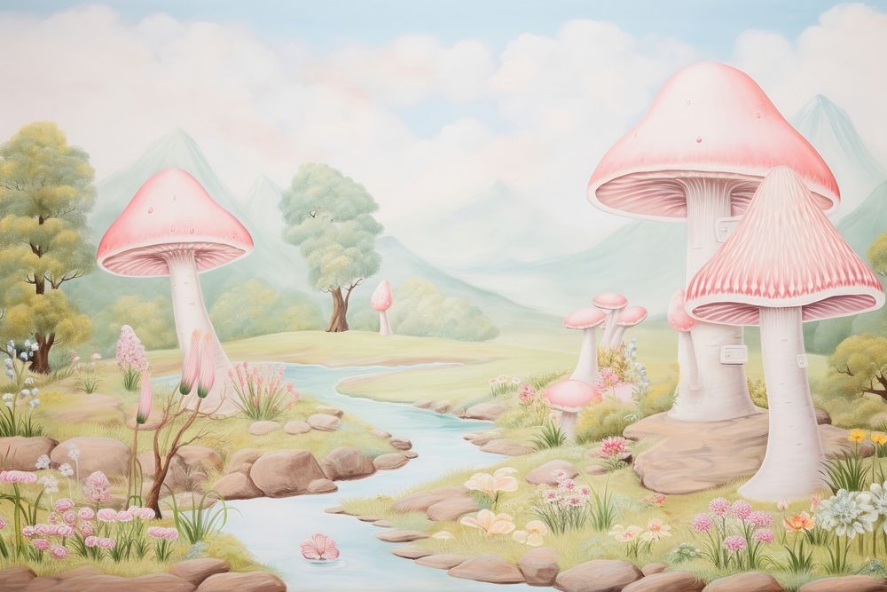 Painting of mushroom border plant pink tranquility.