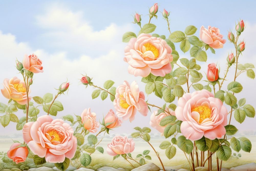 Painting of rose border outdoors blossom pattern.