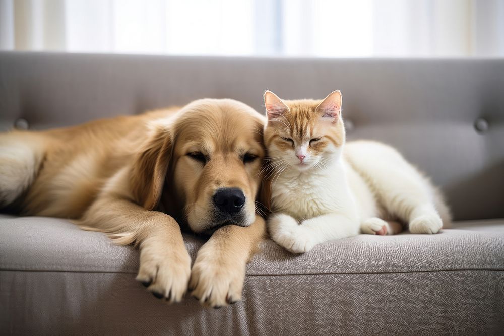 Cat and dog sleep furniture mammal animal.