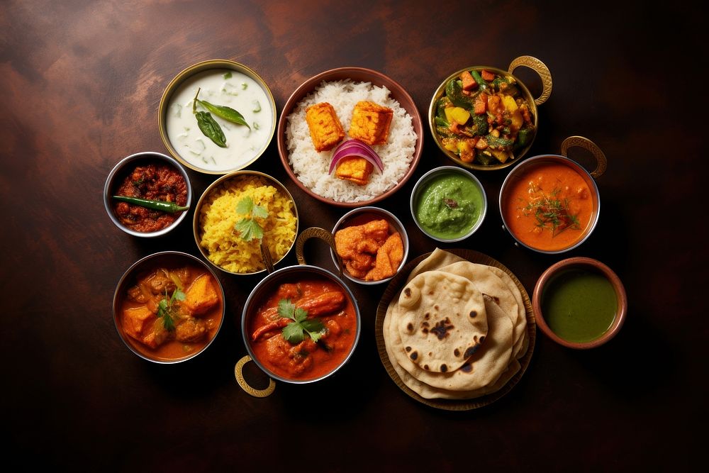 Assorted Indian food indian food arrangement vegetable.