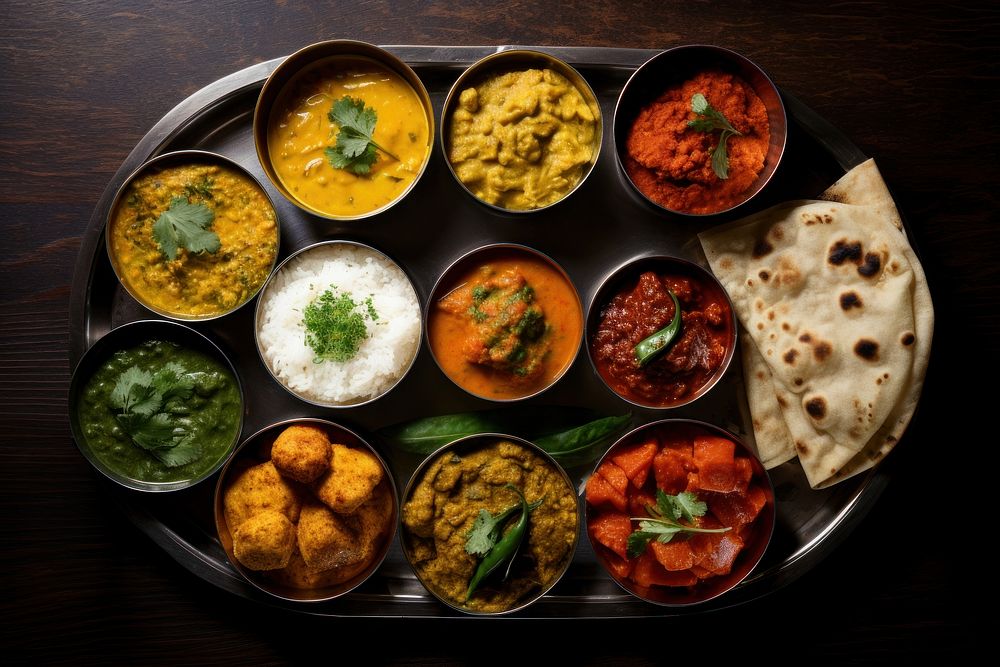 Assorted indian food plate arrangement vegetable.