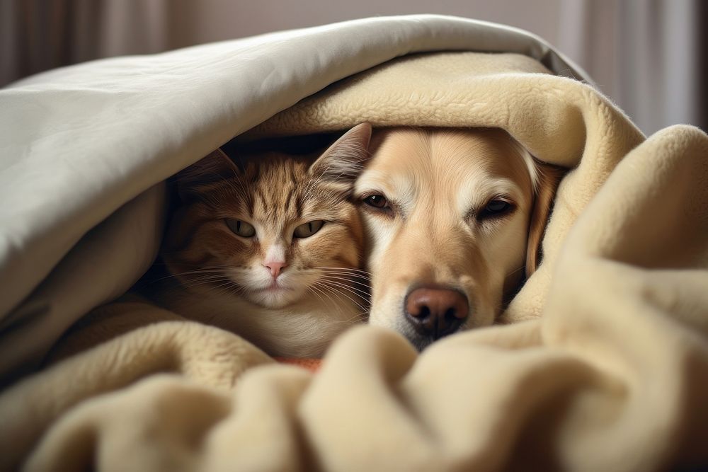 Labrador and cat blanket furniture sleeping.