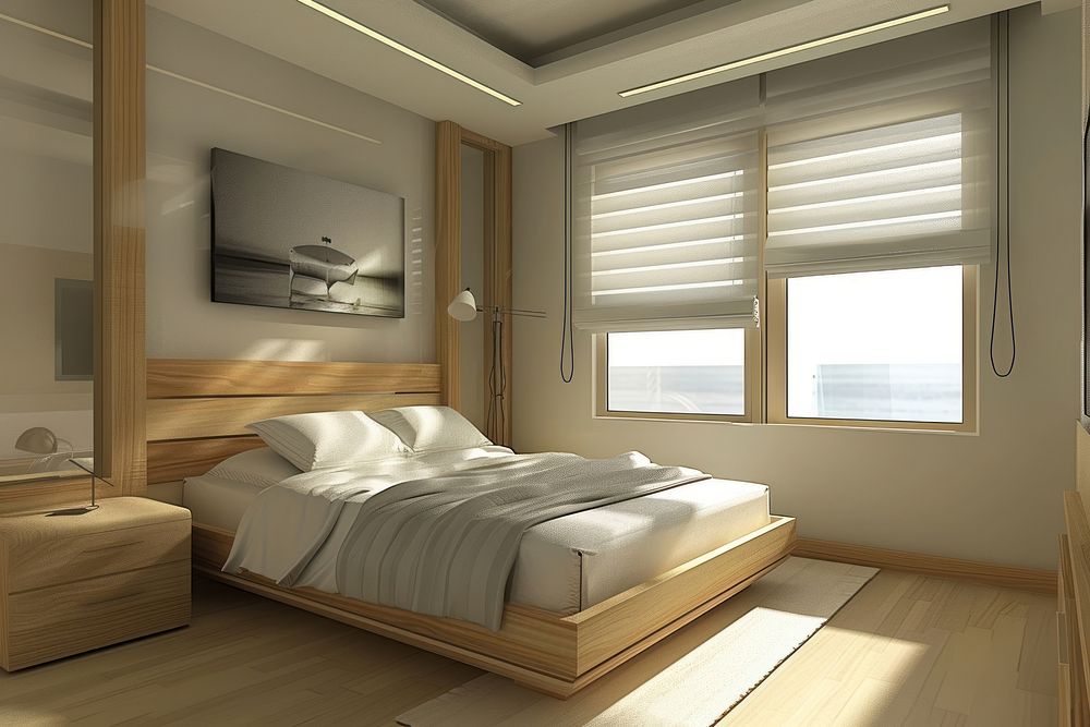 Photo of modern bedroom furniture window architecture.