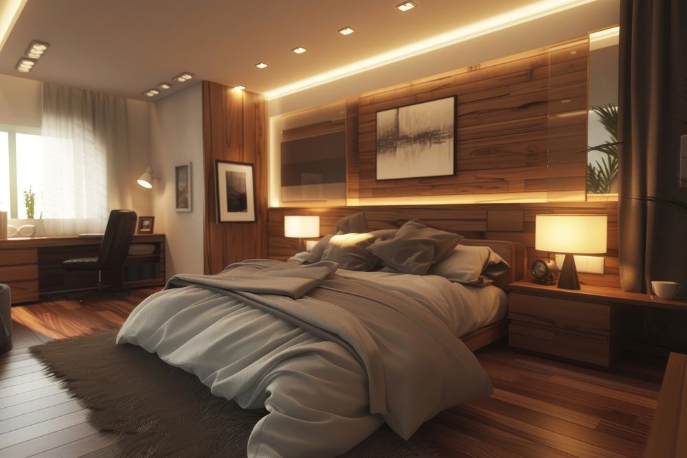 Photo of modern bedroom furniture hardwood architecture.
