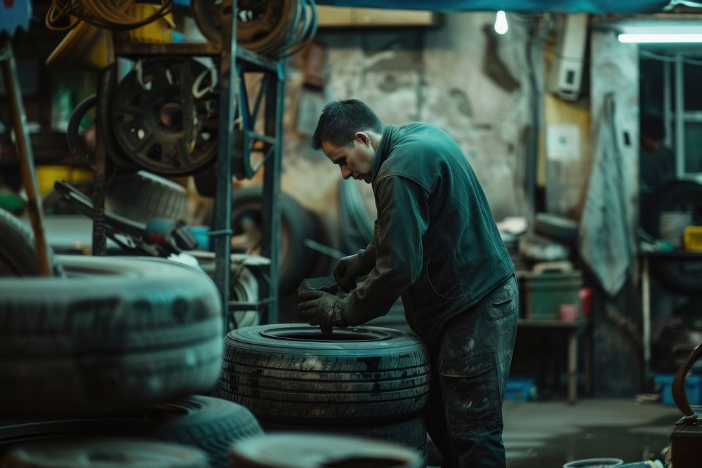 Man repairing tire car workshop factory adult.