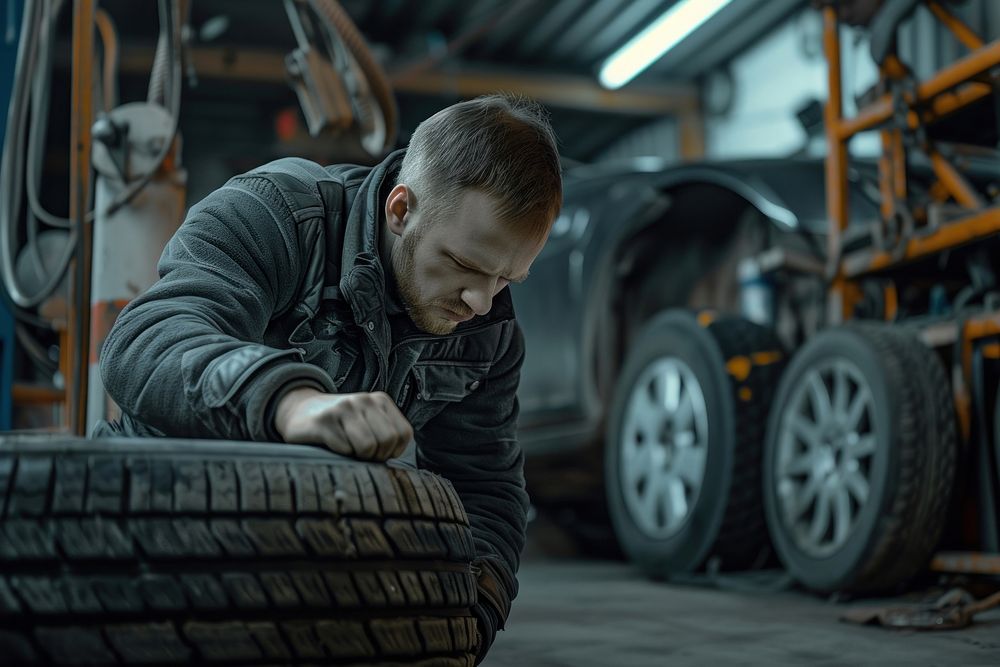 Man repairing tire car workshop vehicle wheel.