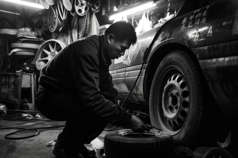 Man repairing tire car workshop vehicle wheel.