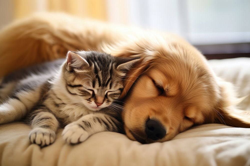 Puppy and kitten sleep sleeping mammal animal.