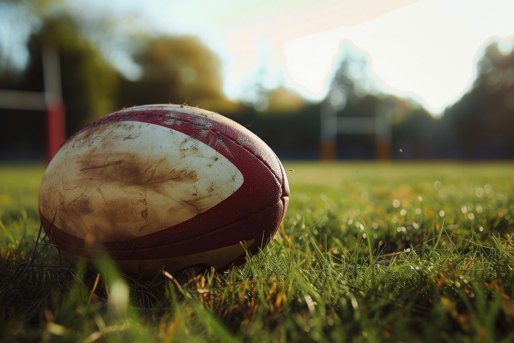 Rugby ball on rugby field sports grass plant.