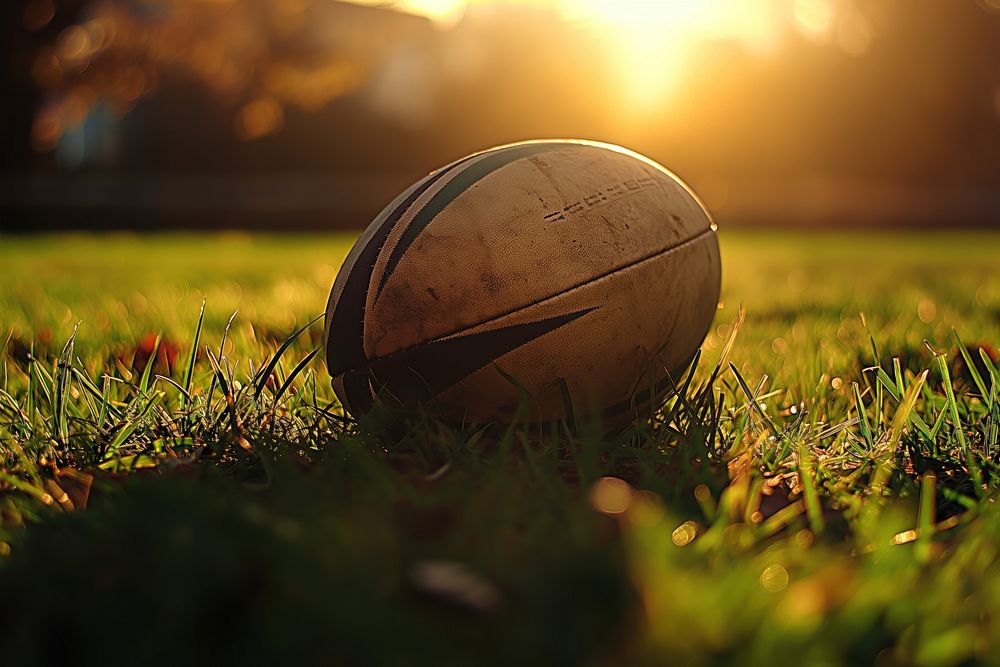 Rugby ball on rugby field outdoors sports sphere.