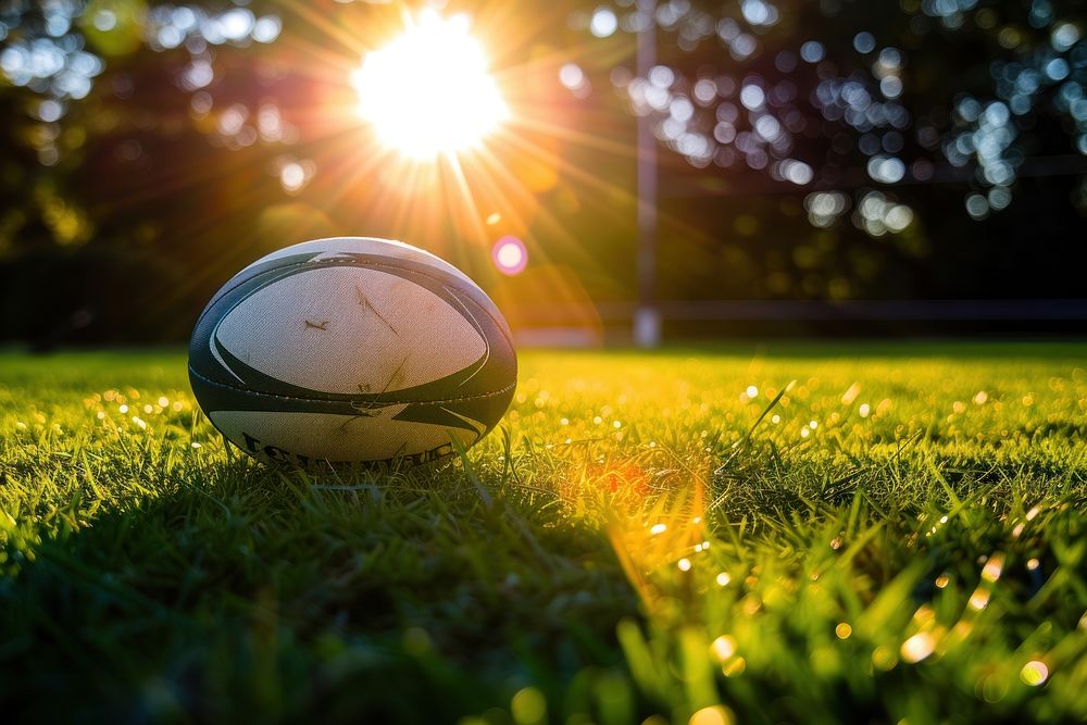 Rugby ball on rugby field outdoors sports grass.