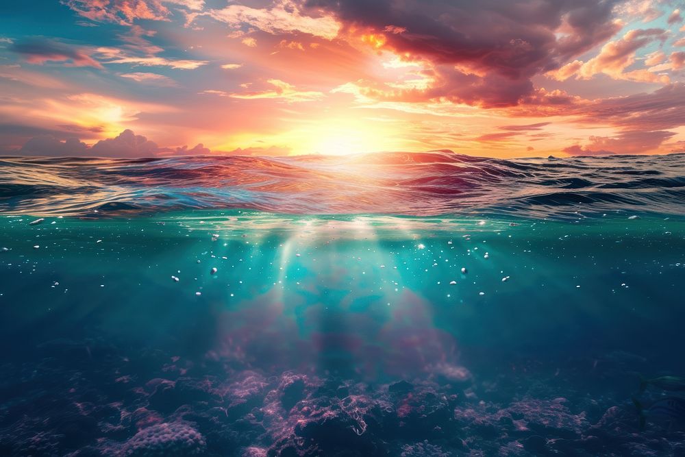Underwater surface with sunset backgrounds sunlight outdoors.
