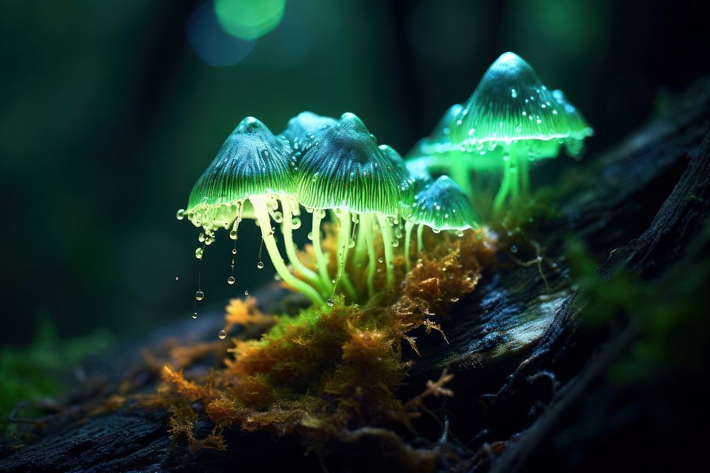 Bioluminescence of fungi green mushroom fungus.