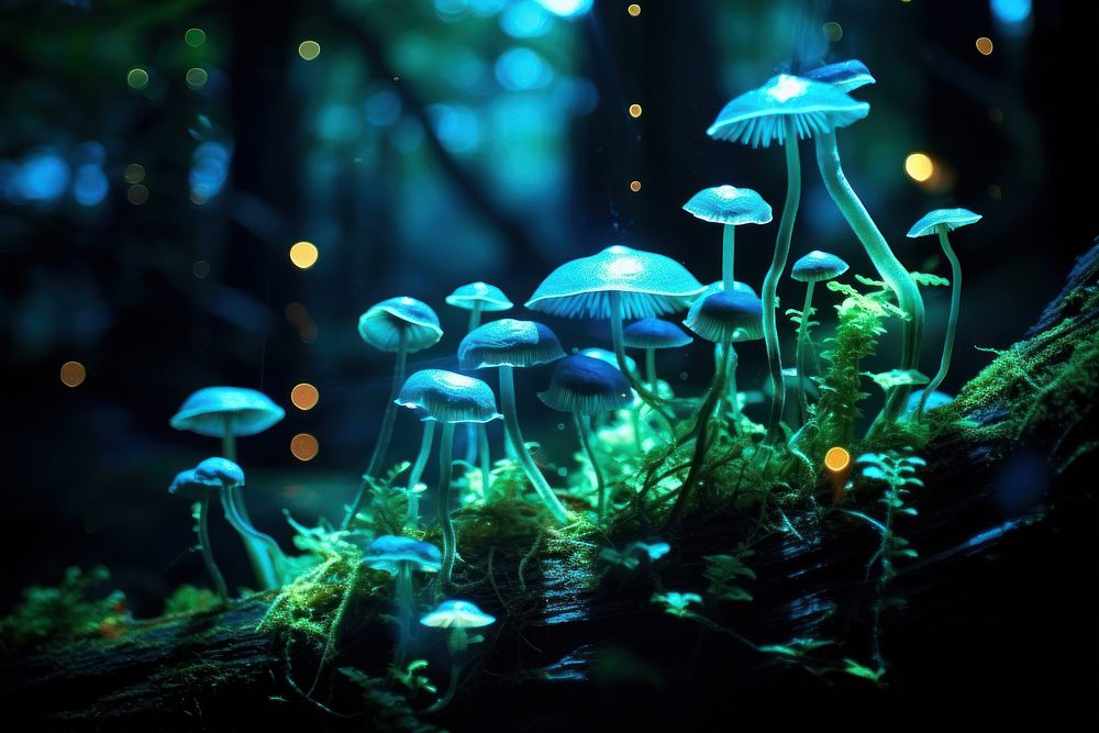 Bioluminescence of fungi mushroom outdoors aquarium.
