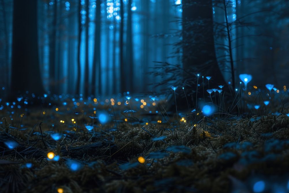 Bioluminescence dark forest background outdoors nature light.