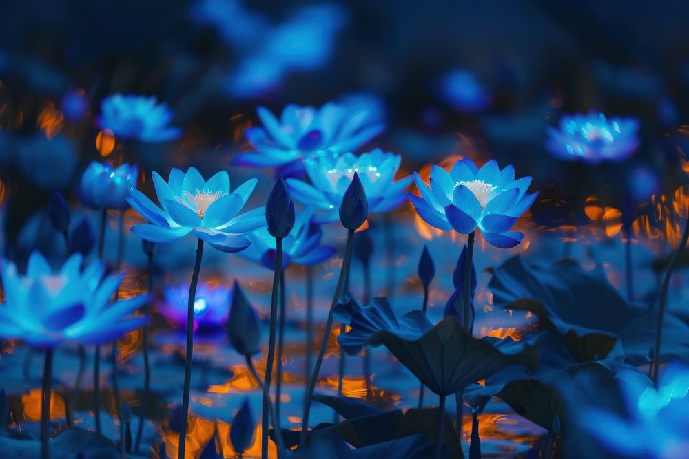 Bioluminescence Lotus background blue inflorescence vibrant color.