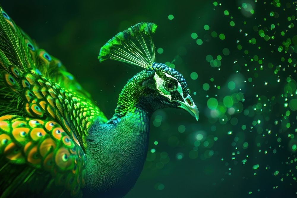 Bioluminescence peacock background green animal bird.