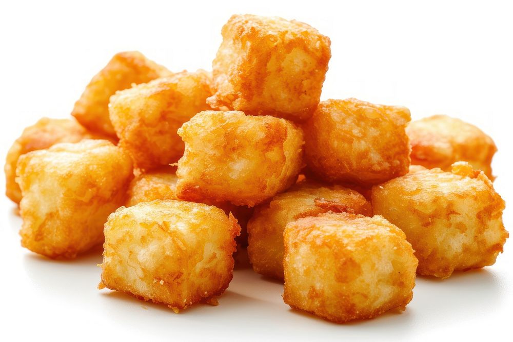 Pile of golden tater tots food white background croquette.