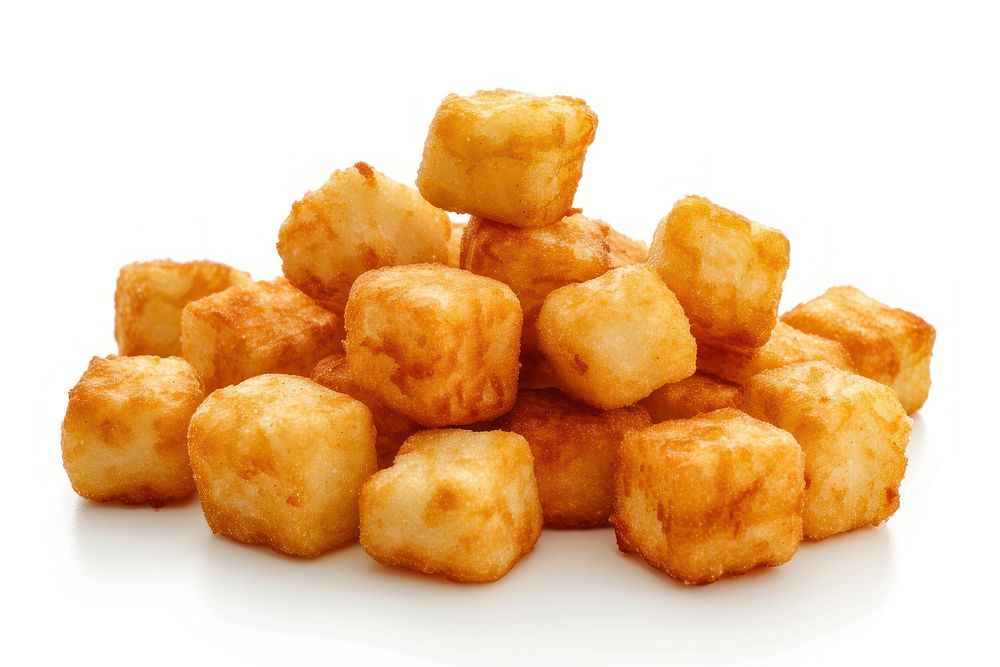 Pile of golden tater tots food white background freshness.