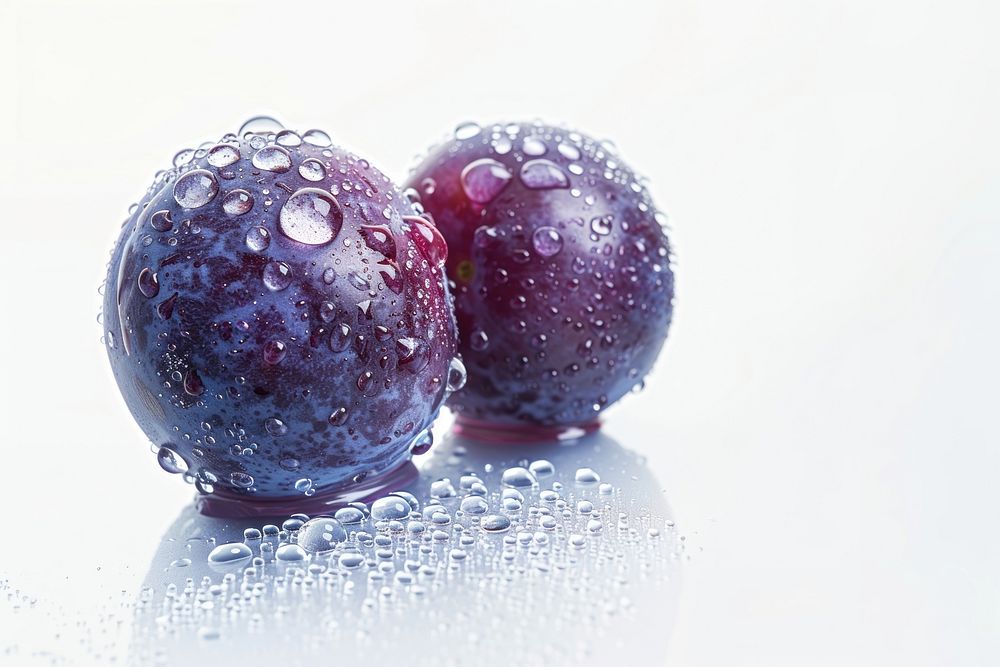 Plums with water drops fruit berry plant.