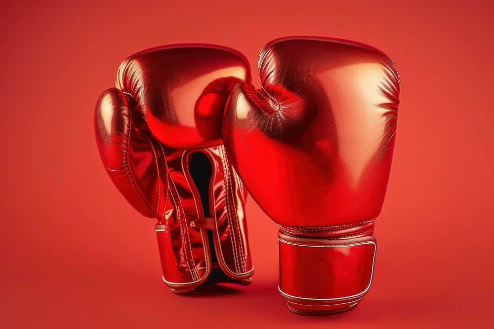 Red shining boxing gloves competition kickboxing conflict.