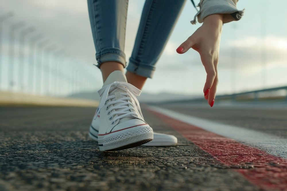Woman wearing sneakers on a race track shoe footwear walking.