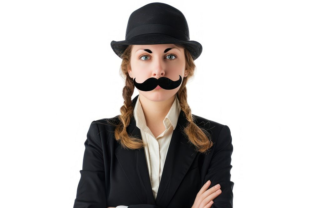 Woman with fake mustache and wear hat and suit adult white background moustache.