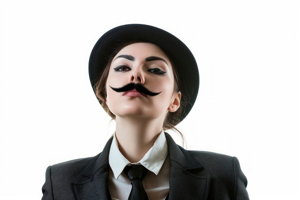 Woman with fake mustache and wear hat and suit portrait adult white background.