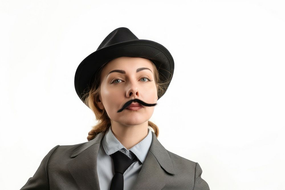 Woman with fake mustache and wear hat and suit adult white background accessories.