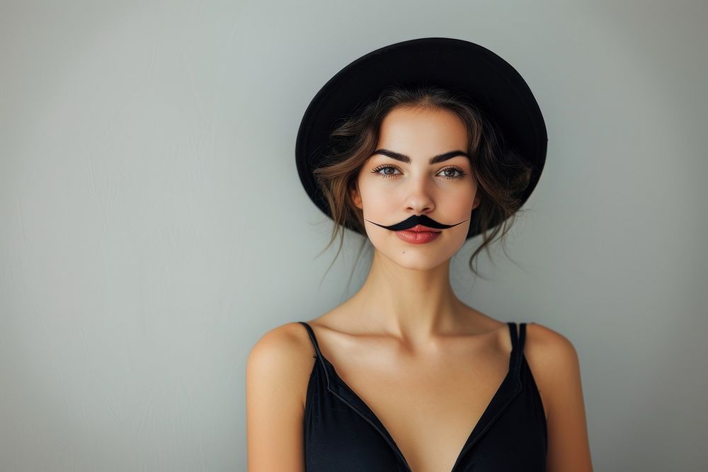 Woman with fake mustache and wear hat portrait adult individuality.