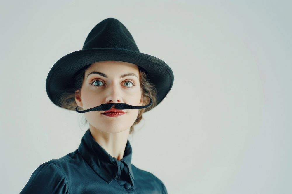 Woman with fake mustache and wear hat portrait photography moustache.