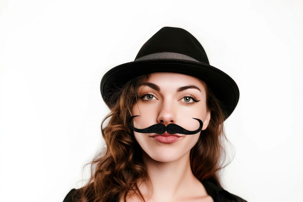 Woman with fake mustache and wear hat portrait adult white background.