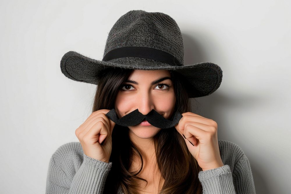 Woman with fake mustache and wear hat adult moustache hairstyle.
