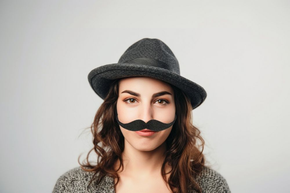 Woman with fake mustache and wear hat portrait adult photography.