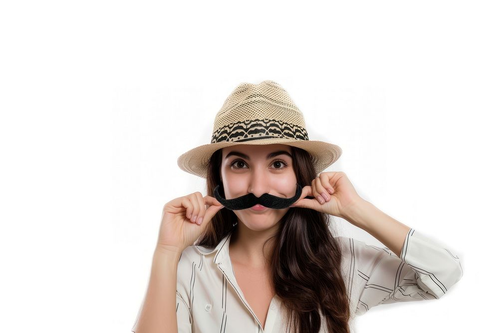 Woman with fake mustache and wear hat adult white background moustache.