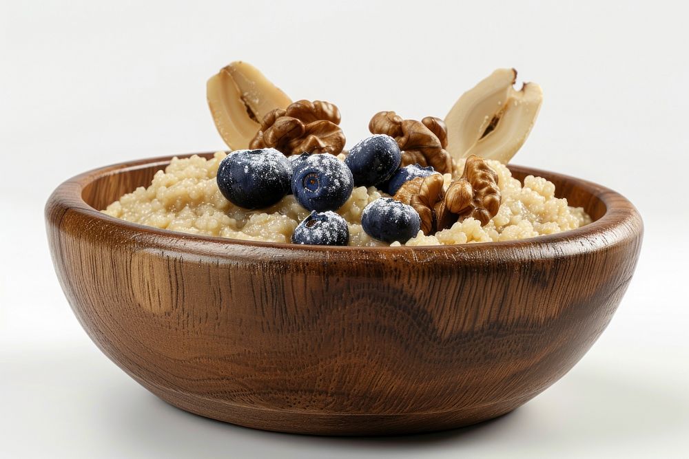 Wooden bowl of semolina porridge blueberry breakfast plant.